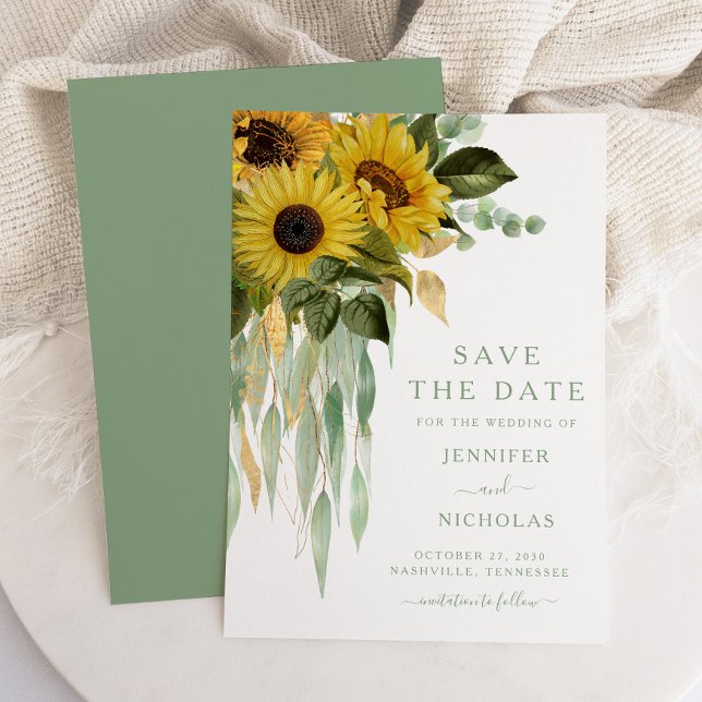 Save The Date Élégant tournesol botanique (Green Sunflower Eucalyptus Wedding Save The Date)