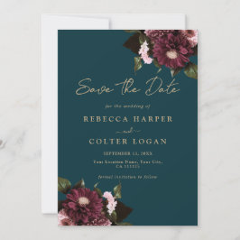 Save The Date Élégant Turquoise foncé Bourgogne Floral Mariage