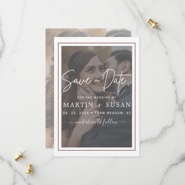 Save The Date Élégant Vellum à main Lettré Mariage photo superpo (Devant/Arrière en situation)