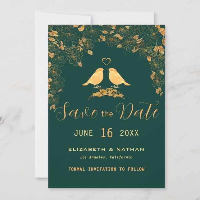 Save The Date Elégant Vert & Or Floral Oiseaux Photo personnalis (Devant)