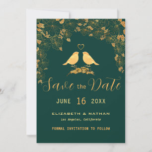 Save The Date Elégant Vert & Or Floral Oiseaux Photo personnalis