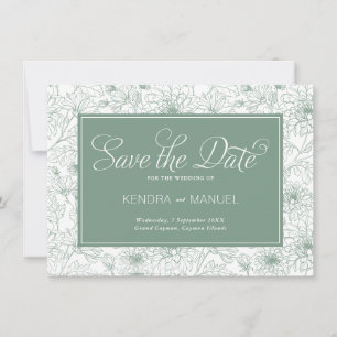 Save The Date Élégant Vert Sauge Toile de Jouy Florale Mariage