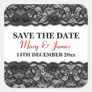 Save the Date Elegant Vintag Black Lace Red Quadratischer Aufkleber