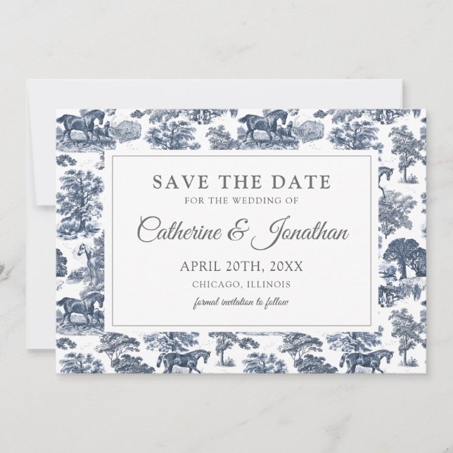 Save The Date Elégant Vintage Chic Bleu Toile Cheval (Devant)