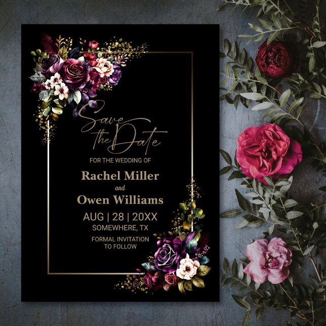 Save The Date Élégant violet bordeaux noir Mariage floral (Créateur téléchargé)