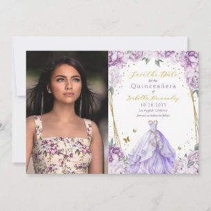 Save The Date Elégant violet floral photo Quinceañera