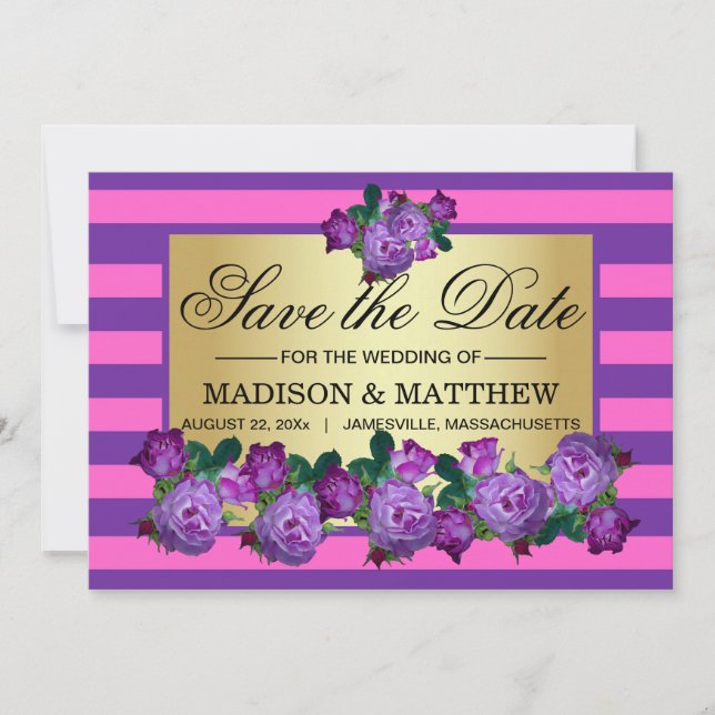 Save The Date Élégant violet Roses & rayures Enregistrer la cart (Devant)