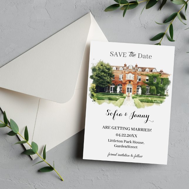 Save The Date Elegant Watercolor Wedding Venue Sketch (Elegant Watercolor Wedding Venue Sketch Save The Date)