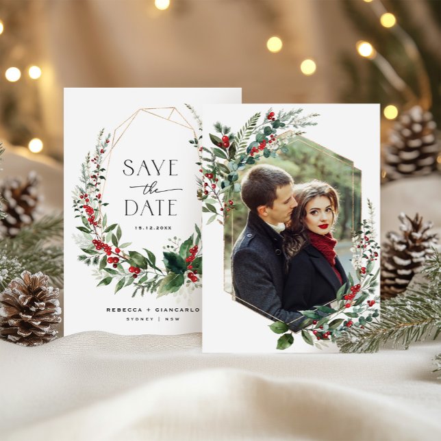 Save The Date Elegant Winter Berries Greenery Wedding Photo (Créateur téléchargé)