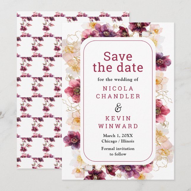 Save The Date Elegant Winter Hellebore Floral Burgundy Wedding (Devant / Derrière)