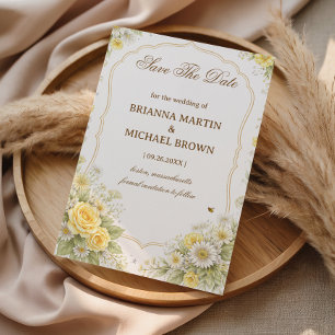 Save The Date Élégante Annonce de Mariage Florale Jaune