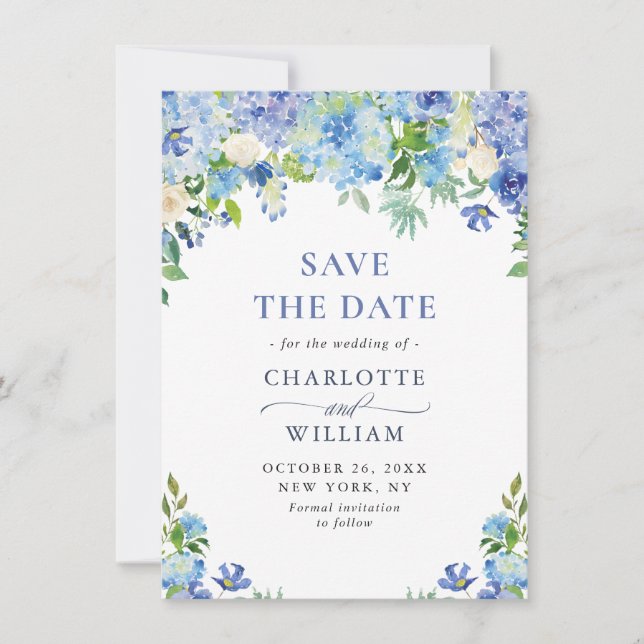 Save The Date Elégante aquarelle bleu Hydrangea Mariage floral (Devant)