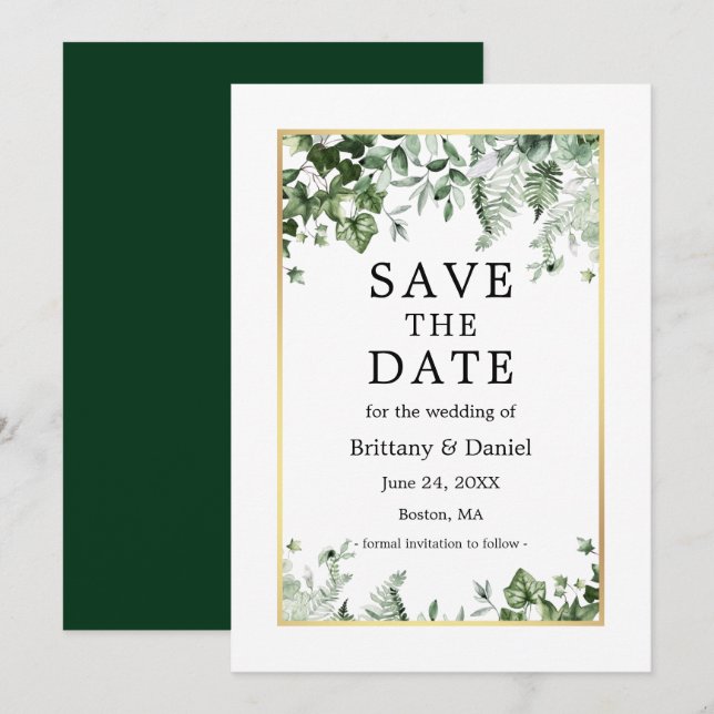Save The Date Elégante aquarelle Botanique Ivy Greenery Or (Devant / Derrière)