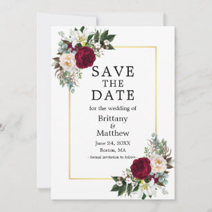 Save The Date Elégante aquarelle Bourgogne Blanc Floral Or