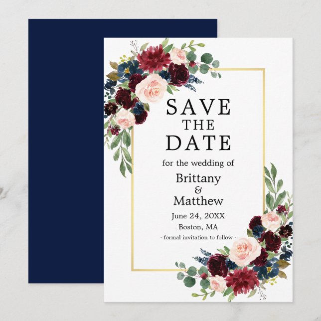 Save The Date Elégante aquarelle Bourgogne Floral Blue Gold Fram (Devant / Derrière)