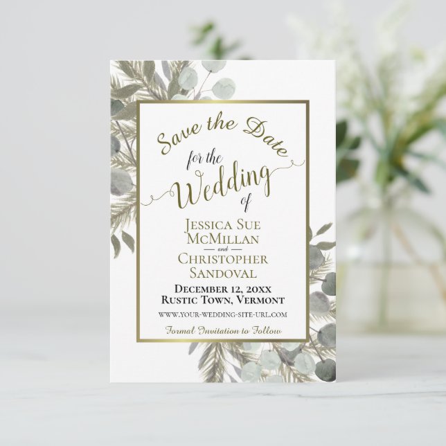 Save The Date Elégante aquarelle Eucalyptus & Mariage de pin (Debout devant)