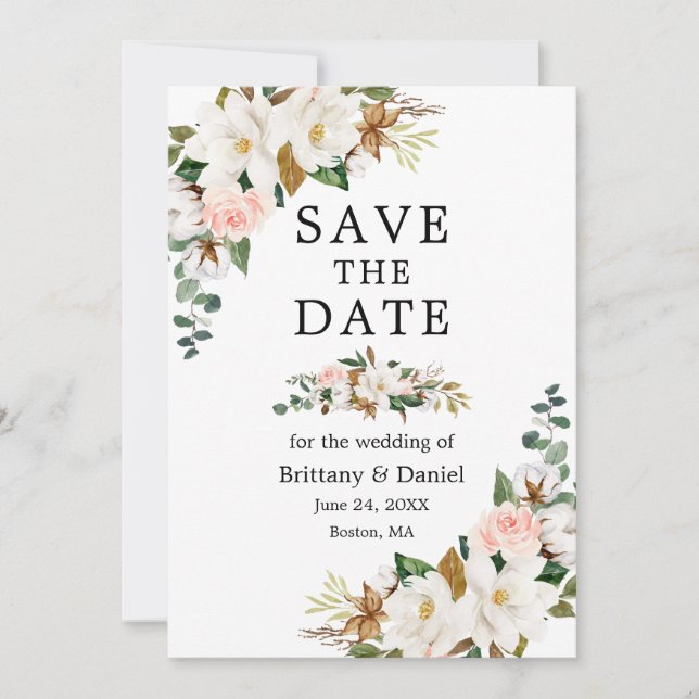 Save The Date Elégante aquarelle Magnolias blancs Roses roses ro (Devant)