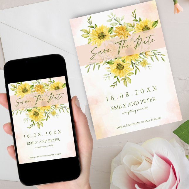 Save The Date Elégante aquarelle Mariage floral de tournesol jau (Elegant Watercolor Yellow Sunflower Floral Wedding Save The Date)
