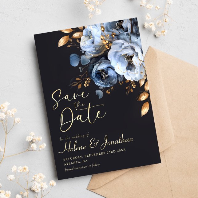 Save The Date Elégante Aquarelle Moderne Bleu Et Mariage Or (Modern Elegant Watercolor Blue And Gold Wedding Save The Date)