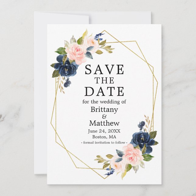 Save The Date Elégante aquarelle rose bleu Rose Geo Frame (Devant)