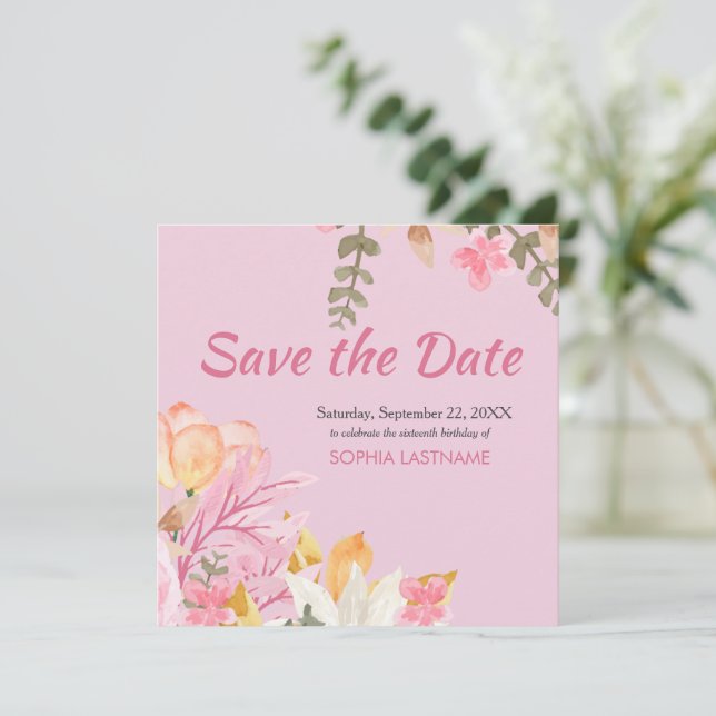 Save The Date Elégante aquarelle rose floral (Debout devant)