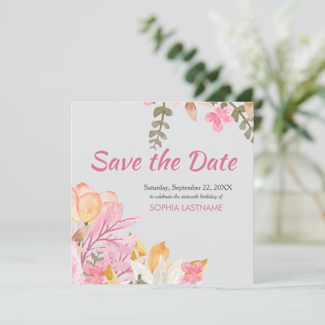 Save The Date Elégante aquarelle rose floral (Debout devant)