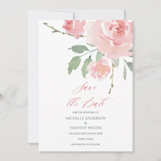 Save The Date Elégante Aquarelle rose pâle Floral (Devant)