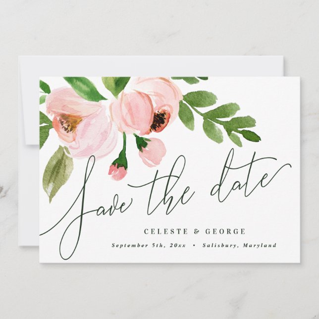 Save The Date élégante aquarelle rose pivoine enregistrer la dat (Devant)