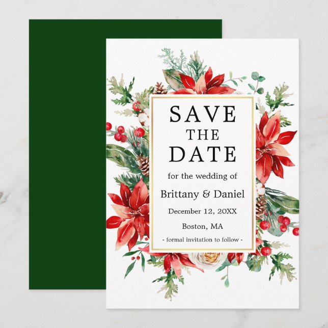 Save The Date Elégante aquarelle Rouge Poinsététie Vert Floral (Devant / Derrière)