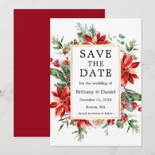 Save The Date Elégante aquarelle Rouge Poinsettia Flore Verdure