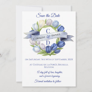 Save The Date Elégante aquarelle Tulipe Mariage de couronne bleu