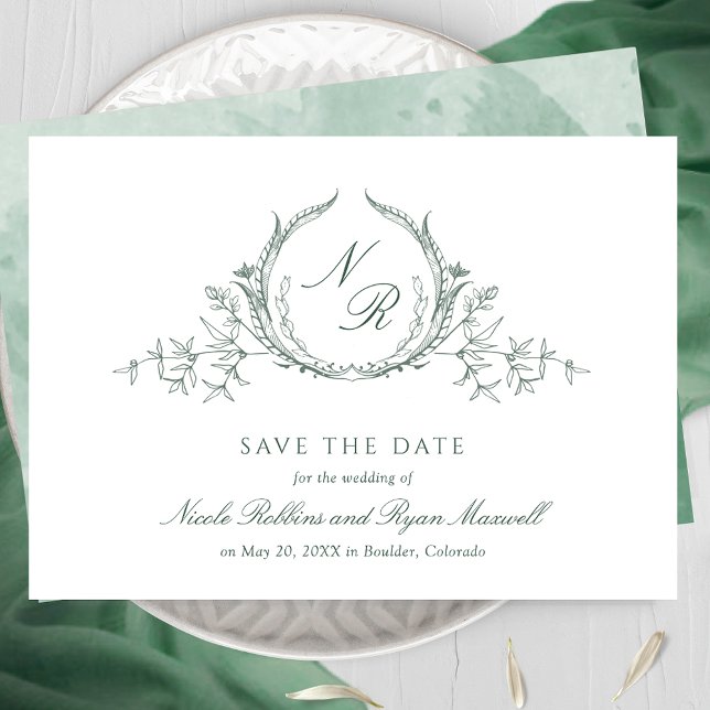 Save The Date Élégante aquarelle verte Monogramme calligraphie (Créateur téléchargé)