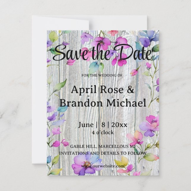 Save The Date Elégante aquarelle violet fleur sauvage bois d'éco (Devant)