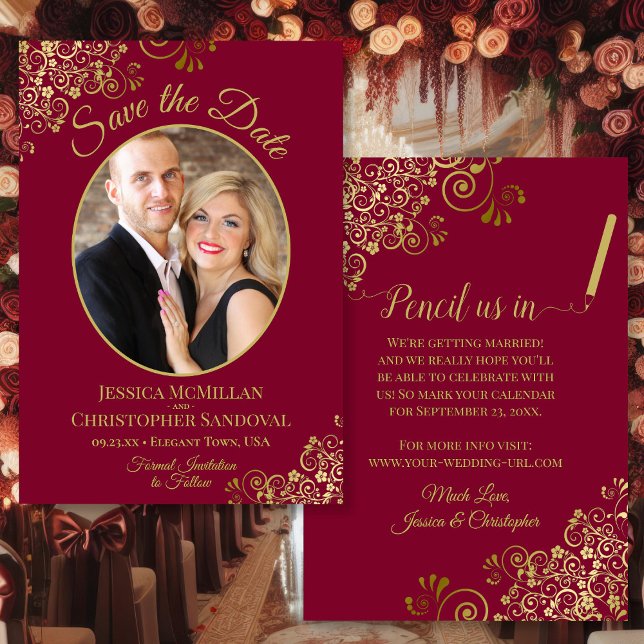 Save The Date Elégante Boucles d'or Oval Photo Bourgogne Mariage (Front/Back)