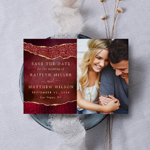 Save The Date Elégante Bourgogne & Or Agate Mariage Photo