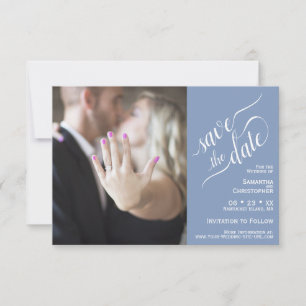 Save The Date Élégante calligraphie bleu 2 Volet Mariage photo