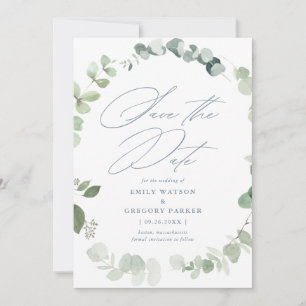 Save The Date Élégante calligraphie Eucalyptus Mariage bleu Dust
