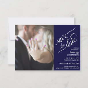 Save The Date Élégante calligraphie Marine Blue 2 Volet Photo Ma
