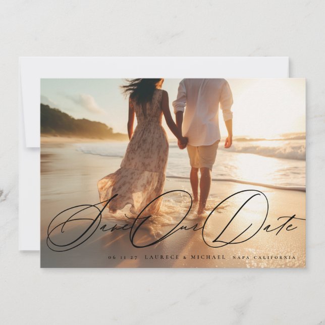 Save The Date Élégante calligraphie noire Photo Le Mariage (Devant)