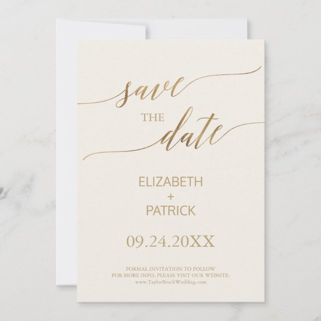 Save The Date Élégante calligraphie Or | Ivoire Enregistrer la d (Devant)