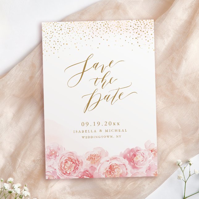 Save The Date Élégante calligraphie or & mariage floral roux (Elegant calligraphy gold & blush floral wedding save the date)