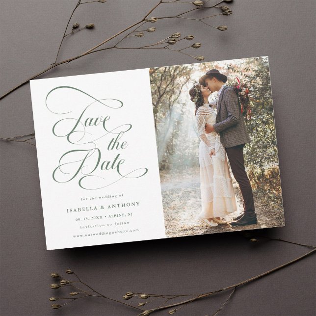 Save The Date Élégante Calligraphie Sage Green Mariage Enregistr (Créateur téléchargé)