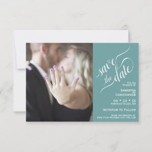 Save The Date Élégante calligraphie Turquoise 2 Volet Photo Mari