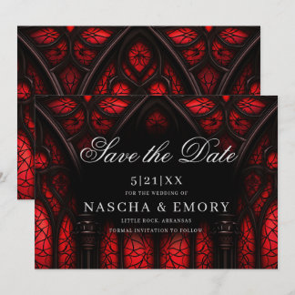 Save The Date Elégante cathédrale rouge et noire Mariage gothiqu