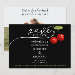 Save The Date Élégante Chic Cherries Rouge Black Photo Calligrap