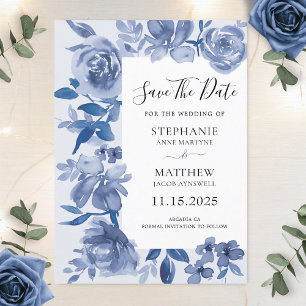 Save The Date Elégante couleur bleu azur Mariage floral