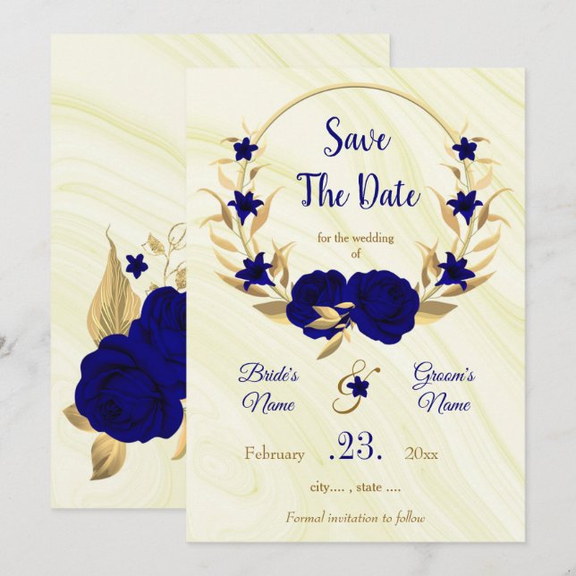 Save The Date élégante couronne de fleurs d'or bleu royal (Devant / Derrière)