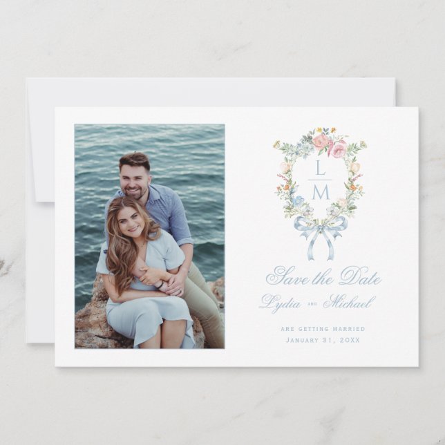 Save The Date Élégante crête de couronne fleurie | Mariage monog (Devant)