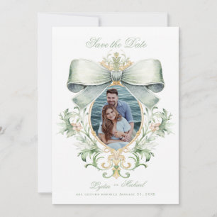 Save The Date Élégante Crête dorée avec Bow vert Photo