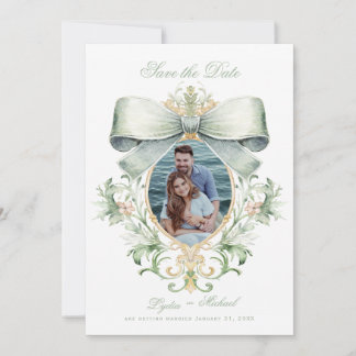 Save The Date Élégante Crête dorée avec Bow vert | Photo